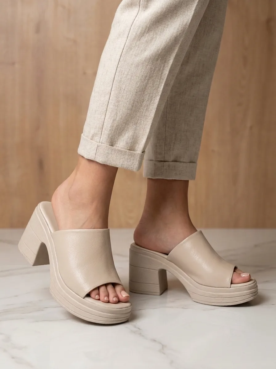 Kadın Bej Platform Topuklu Terlik 018-500